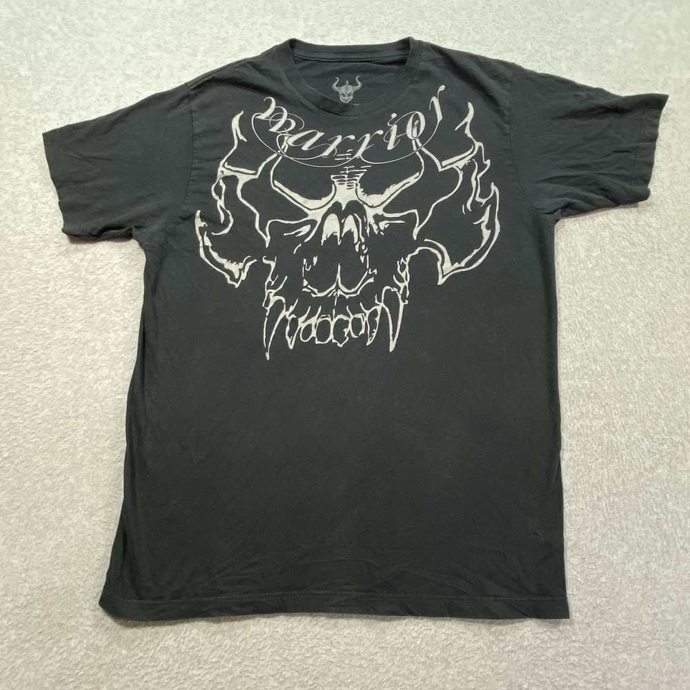 Warriors Grunge Spell-Out Skull Oni Mask Gothic Black T-Shirt Sz L Graphic